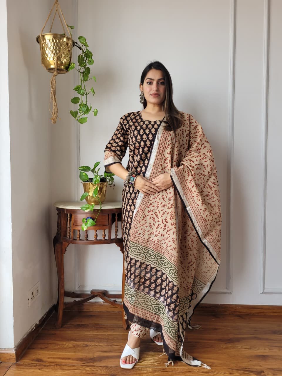 Black Bagru Hand Block Printed Linen Suit Set